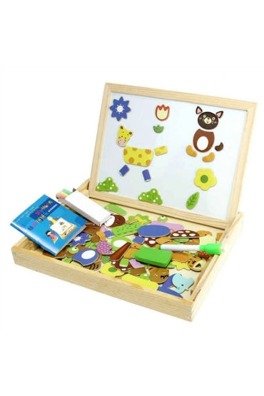 Oyuncak Ahşap Yazı Tahtası 31 Cm Çift Taraflı Eğitici Mıknatıslı Manyetik Figürlü Oyun Tahtası